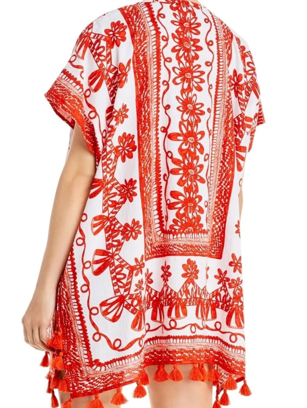 Echo White Tunic with Red Floral Embroidery and Tassel Trim - Picture 2 of 7
